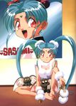  90s artist_request barefoot blue_hair cabbit character_name facial_mark forehead_mark freckles highres long_hair masaki_sasami_jurai red_eyes ryou-ouki tenchi_muyou! twintails 
