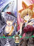  beatrice black_choker blonde_hair blue_eyes blush breasts chibi choker clannad cleavage crossover dress fish frills hat ibuki_fuuko kiseru large_breasts long_hair multiple_girls parody pipe silver_hair skirt smile starfish toshihiro umineko_no_naku_koro_ni virgilia 