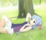  bangs blue_hair blunt_bangs grass hairband ixy kannagi long_hair lying nagi pleated_skirt purple_eyes skirt solo tree under_tree white_skirt 