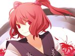  bad_id bad_pixiv_id close-up flower hair_bobbles hair_ornament hijiri_(resetter) looking_at_viewer onozuka_komachi red_eyes red_hair scythe short_hair simple_background slit_pupils smile solo spider_lily touhou two_side_up upper_body white_background 