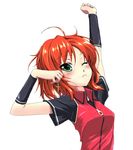  arms_up blush copyright_request frown green_eyes grune one_eye_closed red_hair short_hair simple_background solo stretch upper_body vest zipper 