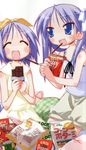  blue_eyes brand_name_imitation chocolate chocolate_bar eating food highres hiiragi_kagami hiiragi_tsukasa lucky_star multiple_girls pocky purple_hair scan short_hair twintails yoshimizu_kagami 