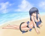  210ten barefoot beach bikini blue_hair day frederica_bernkastel long_hair outdoors purple_eyes solo swimsuit tail umineko_no_naku_koro_ni 