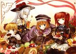  beatrice black_choker blonde_hair blue_hair bug butterfly cake candy choker closed_eyes eva_beatrice flower food fruit hair_bobbles hair_ornament hat hime_cut insect juice long_hair multiple_girls orange_hair pastry pie red_hair ribbon rose short_hair silver_hair strawberry suzushiro_kurumi tea thighhighs umineko_no_naku_koro_ni ushiromiya_ange very_long_hair virgilia 