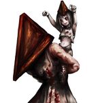  1girl bad_id bad_pixiv_id blood carrying child father_and_daughter helmet piggyback pyramid_head red_eyes silent_hill silent_hill_2 simple_background thoma+ white_background 