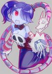  akai_kagerou bare_shoulders blue_hair blue_skin breasts cleavage detached_collar detached_sleeves hair_over_one_eye leviathan_(skullgirls) long_hair long_skirt medium_breasts open_mouth red_eyes side_ponytail skirt skull skullgirls solo squigly_(skullgirls) stitched_mouth stitches striped_sleeves zombie 