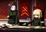  bangs blonde_hair blue_eyes brown_hair emblem girls_und_panzer green_jacket ground_vehicle jacket katyusha kv-2 long_hair long_sleeves map military military_vehicle motor_vehicle multiple_girls nonna pravda_(emblem) pravda_school_uniform red_shirt school_uniform shirt short_hair sitting swept_bangs tank tsubasa_(abchipika) turtleneck uniform 