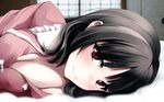  bed black_hair blurry blush breasts cleavage covered_nipples depth_of_field eyelashes highres houraisan_kaguya indoors k2isu looking_at_viewer lying medium_breasts naughty_face on_side pajamas pov red_eyes short_hair smile solo touhou 