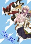  apron ascot bad_id bad_pixiv_id blonde_hair boots bow braid broom broom_riding brown_hair cloud crescent detached_sleeves expressionless flying grey_hair grin hair_bow hair_tubes hakurei_reimu hand_on_headwear hat kirisame_marisa long_hair looking_away mononobe_no_futo multiple_girls outstretched_arms patchouli_knowledge petticoat ponytail pose purple_hair sarashi serious short_hair side_braid sidelocks skirt skirt_set sky smile spread_arms tate_eboshi touhou urin wide_sleeves witch_hat 