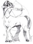  arrow bow_(weapon) breasts centaur equine female hair hi_res hooves horse human mammal michael_powell monochrome navel nipples pointy_ears ranged_weapon taur weapon 