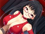  1girl bare_shoulders black_hair breast_squeeze breasts censored cleavage collar elbow_gloves femdom game_cg glasses gloves highres horn large_breasts latex latex_gloves lingerie long_hair looking_at_viewer open_mouth paizuri penis red_eyes smile underwear 