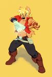  bandage biceps black_nose blonde_hair brown_fur canine fur hair jaryl jaryl_(character) jeniac looking_at_viewer male mammal red_eyes scar solo sword weapon wolf 