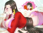  amazon_lily bed black_eyes black_hair blue_eyes blush boa_hancock bone boned_meat breasts cleavage drapes drooling earrings eyelashes food hat heart huge_breasts imagining jewelry junk6666666 long_hair long_nails lying meat monkey_d_luffy no_bra on_bed one_piece saliva straw_hat thinking 