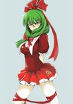  adapted_costume arms_behind_back blush breasts front_ponytail ginji_(sakaki_summer) green_eyes green_hair hair_ribbon highres kagiyama_hina long_hair medium_breasts ribbon solo touhou 