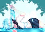  aqua_eyes aqua_hair bad_id bad_pixiv_id bottle_miku fish hatsune_miku holding holding_hair long_hair lying nail_polish on_side school_uniform serafuku shita skirt solo thighhighs vocaloid 