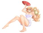  bare_legs bare_shoulders barefoot blonde_hair blush breasts cleavage cup dress feet full_body gourd grin highres horn hoshiguma_yuugi katwu_(gensou_ninja_yashiki) large_breasts legs long_hair naked_towel one_eye_closed red_eyes sakazuki simple_background smile solo tears touhou towel white_background white_dress 