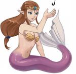  1girl bikini blue_eyes brown_hair fish_tail fishing_rod long_hair mermaid monster_girl nintendo parody princess_zelda seashell shell solo swimsuit the_legend_of_zelda the_legend_of_zelda:_twilight_princess twilight_princess 