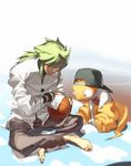  1boy ball barefoot basketball green_hair n_(pokemon) pokemon scrafty scraggy 
