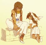  1girl anklet aqua_eyes brown_hair child dark_skin dark_skinned_male egyptian jewelry kneeling long_hair mahado mana_(yuu-gi-ou) shoes sitting smile younger yuu-gi-ou yuu-gi-ou_duel_monsters yuza 