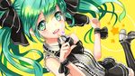  bow bowtie green_eyes green_hair hair_bow hatsune_miku heart highres kanipanda long_hair looking_at_viewer skirt solo striped striped_legwear thighhighs twintails vertical-striped_legwear vertical_stripes vocaloid 