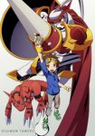  armor bad_id bad_pixiv_id brown_hair cape claws copyright_name digimon digimon_tamers digivice dukemon goggles goggles_on_head guilmon hajime_(hajime-ill-1st) hood hoodie lance matsuda_takato monster open_mouth polearm red_eyes shield short_hair socks tail weapon wristband yellow_eyes 