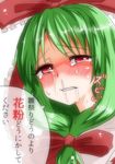  blush crying crying_with_eyes_open front_ponytail green_hair hair_ribbon hay_fever highres kagiyama_hina red_eyes ribbon snot solo takorice tears touhou translated upper_body 