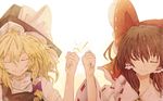  blonde_hair bow braid brown_hair closed_eyes detached_sleeves fist_bump friends hair_bow hair_tubes hakurei_reimu hat hat_bow kirisame_marisa long_hair multiple_girls pandora-ex ribbon single_braid smile touhou upper_body witch_hat 