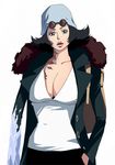  backpack bag bandanna black_hair blue_eyes breasts cleavage devil_fruit eyelashes fur_trim genderswap hand_in_pocket ice kuzan_(aokiji) large_breasts lips long_coat looking_at_viewer no_bra one_piece scar short_hair simple_background solo sunglasses sunglasses_on_head syui trench_coat v-neck white_background 