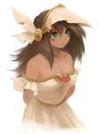  breasts brown_hair cleavage green_eyes long_hair lowres mana_(yuu-gi-ou) medium_breasts solo white_background yuu-gi-ou yuu-gi-ou_duel_monsters yuza 