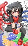  antenna_hair asymmetrical_wings black_hair blush crack full_body graffiti ground_vehicle hair_between_eyes houjuu_nue kokujuuji looking_at_viewer mary_janes motor_vehicle pointy_ears puffy_short_sleeves puffy_sleeves red_eyes shoes short_sleeves simple_background smile solo touhou translation_request ufo white_background wings 