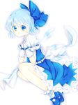  8hachio anklet belt bloom blue_eyes blue_hair blue_skirt bobby_socks bow cirno commentary_request fetal_position gloves hair_bow hands_on_own_chest jewelry looking_at_viewer mary_janes pale_color puffy_short_sleeves puffy_sleeves ribbon shoes short_hair short_sleeves simple_background skirt socks solo touhou white_background wings 