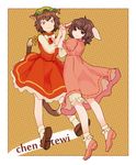  :3 animal_ears bloomers bow brown_eyes brown_hair bunny_ears cat_ears cat_tail character_name chen dress hat holding_hands inaba_tewi interlocked_fingers jewelry looking_at_viewer looking_back mob_cap multiple_girls multiple_tails pink_dress polka_dot polka_dot_background short_hair single_earring skirt skirt_set smile ta_(tama2623) tail touhou underwear 