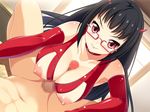  1girl areolae artist_request bare_shoulders black_hair breasts censored clockup collar elbow_gloves erect_nipples femdom game_cg glasses gloves horn large_breasts latex latex_gloves lingerie long_hair looking_at_viewer lying marukido_iroha nipples paizuri penis pov red_eyes sado_bu! smile source_request spread_legs underwear wakako 