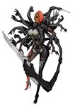  absurdres bad_id bad_pixiv_id bodysuit cyborg dark_skin fingernails full_body hair_over_one_eye high_heels highres knife lipstick long_hair looking_up makeup metal_gear_(series) metal_gear_rising:_revengeance mistral_(metal_gear_rising) mole multiple_arms nimaigai777 pink_hair saw shoes simple_background solo weapon white_background 
