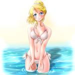  ayase_eli bikini blonde_hair blue_eyes blush breasts cleavage front-tie_top highres legs long_hair long_legs love_live! love_live!_school_idol_project medium_breasts miharin navel ponytail side-tie_bikini solo swimsuit thigh_gap thighs wading water wet 