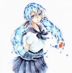  bad_id bad_pixiv_id blue_hair bottle_miku fish green_eyes hair_ribbon hatsune_miku liquid_hair long_hair looking_at_viewer minatsuki_(lapislazzuli169) ribbon school_uniform serafuku simple_background skirt solo twintails very_long_hair vocaloid water white_background 