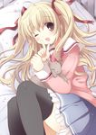  ;d ahoge bed black_legwear blonde_hair cat hair_ribbon index_finger_raised long_hair lying mikurun on_bed on_side one_eye_closed open_mouth original pillow red_eyes ribbon skirt smile solo thighhighs twintails 