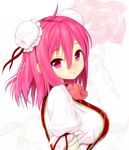  asamura_hiori bandages breasts bun_cover double_bun flower ibaraki_kasen impossible_clothes impossible_shirt large_breasts pink_eyes pink_hair rose shirt short_hair sideways_glance smile solo touhou upper_body 