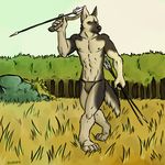  arrow canine dog german_shepherd loincloth male mammal outside ranged_weapon solo toned warrior weapon 