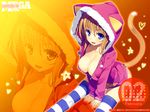  2013 animal_hood blue_eyes breasts calendar_(medium) cat_hood cat_tail cleavage fang february hood hoodie large_breasts megastore naked_hoodie naked_sweater orange_hair sitting smile solo striped striped_legwear sweater tail thighhighs yuuki_hagure zoom_layer 