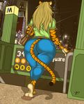  belt big_butt black_skin blonde_hair butt city claws clothed clothing english_text feline female flip_flops hair handbag hindpaw jeans long_hair mammal mta orange_skin outside pants paws shirt solo standing stripes subway text thick_thighs thighs tiger tight_clothing voluptuous wide_hips zp92 