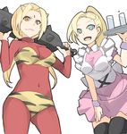  2girls :d black_legwear blonde_hair blue_eyes bodysuit breasts brown_eyes cleavage club cosplay dress from_below horns kanabou large_breasts long_hair multiple_girls naruto naruto_sd:_rock_lee_no_seishun_full-power_ninden navel no_pupils oni open_mouth ponytail red_oni serving_tray skin_tight skintight smile spikes thighhighs tray tsunade waitress weapon yahamoi yamanaka_ino 