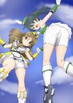  bike_shorts boots brown_eyes brown_hair green_eyes green_hair hat highres koyomisa long_hair multiple_girls palette_suit ponytail saegusa_wakaba shinomiya_himawari smile upskirt vividred_operation 