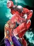  blue_eyes diavolo fishnets jojo_no_kimyou_na_bouken king_crimson_(stand) lipstick long_hair magatsumagic makeup multiple_boys pink_hair smoke vento_aureo 