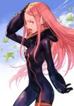  1girl anemone_(eureka_seven) bodysuit breasts eureka_seven eureka_seven_(series) feet_out_of_frame forehead from_side hood hungry_clicker long_hair medium_breasts open_mouth pink_hair purple_eyes solo thighs 