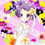  artist_name bracelet dokidoki!_precure dress earrings eyelashes floral_background flower hair_flower hair_ornament hair_ribbon hiyopuko jewelry kenzaki_makoto pansy pink_background precure purple_eyes purple_hair ribbon short_hair smile solo white_dress 