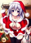  :d absurdres black_legwear blush breasts cabinet capelet christmas christmas_tree cleavage copyright_request fur_trim hat highres jewelry karory lavender_hair medium_breasts necklace nipples open_mouth purple_eyes red_capelet sack santa_costume santa_hat scan short_hair signature skirt smile solo thighhighs topless zettai_ryouiki 