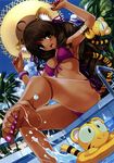  1girl animal_ears armpits arms_up barefoot bikini black_hair brown_eyes cat_ears cat_tail cradle_(artist) dark_skin fang feet highres legs long_hair misaki_kurehito nail_polish photoshop pink_nails pool purple_nails soles solo swimsuit tail tan tiger_ears tiger_tail toe_scrunch toenail_polish toes very_long_hair 