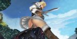  3d blonde_hair devil_may_cry gloves green_eyes hair_ornament long_hair nero_(devil_may_cry) no_panties pyrrha_alexandra shield sitting_on_face skirt soul_calibur soulcalibur_v sword thigh_boots thighhighs weapon xnalara 