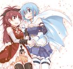  black_legwear blue_eyes blue_hair blush bow cape corset detached_sleeves dress gloves hair_bow highres holding_hands long_hair magical_girl mahou_shoujo_madoka_magica miki_sayaka multiple_girls open_mouth petals pikachi ponytail red_dress red_eyes red_hair sakura_kyouko shirt short_hair skirt smile thighhighs white_gloves white_legwear zettai_ryouiki 